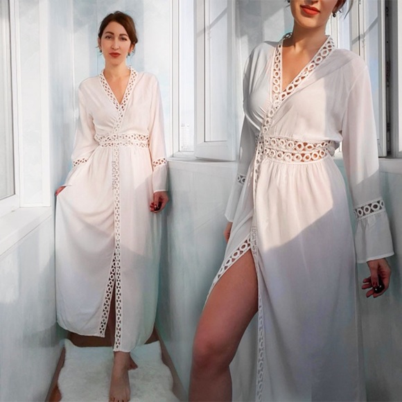 Boho Flowing White Cover Up Crochet Detail - Picture 4 of 16